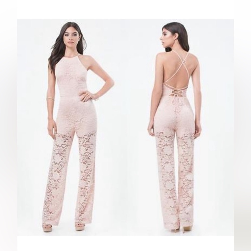 Bebe Blush Pink High Neck Lace Open Back Jumpsuit